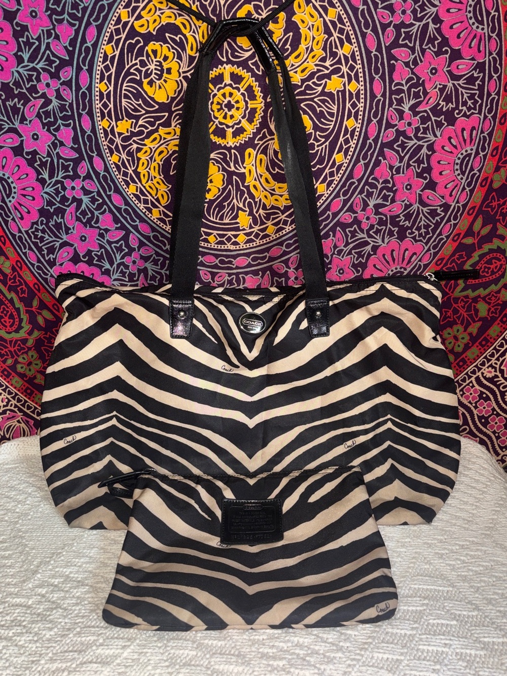 Coach Devin Black and Tan Zebra Print Nylon Getaway Overnight Tote & Pouch